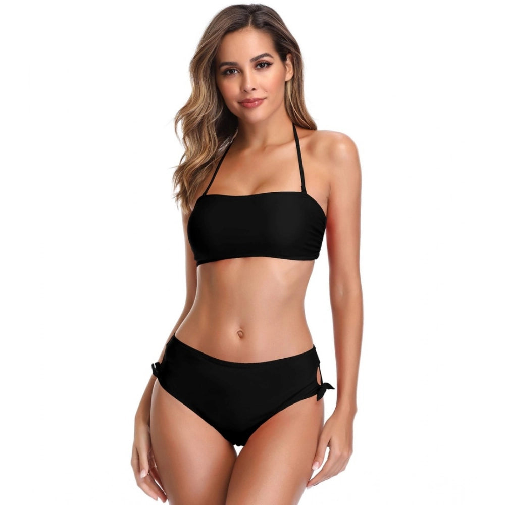 Amfyn Women's Polyester Spandex Solid High Waist Bikini Set (Black, Free Size: Fit to S, M, L)